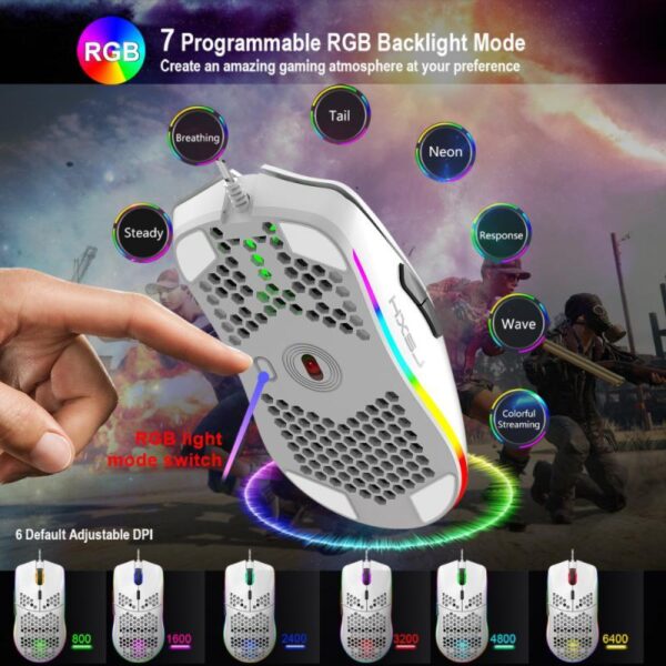 HXSJ J900 USB Wired Gaming Mouse With RGB Light Gamer Mouses With Six Adjustable DPI Honeycomb Hollow Ergonomic Design Mouse - Imagen 2